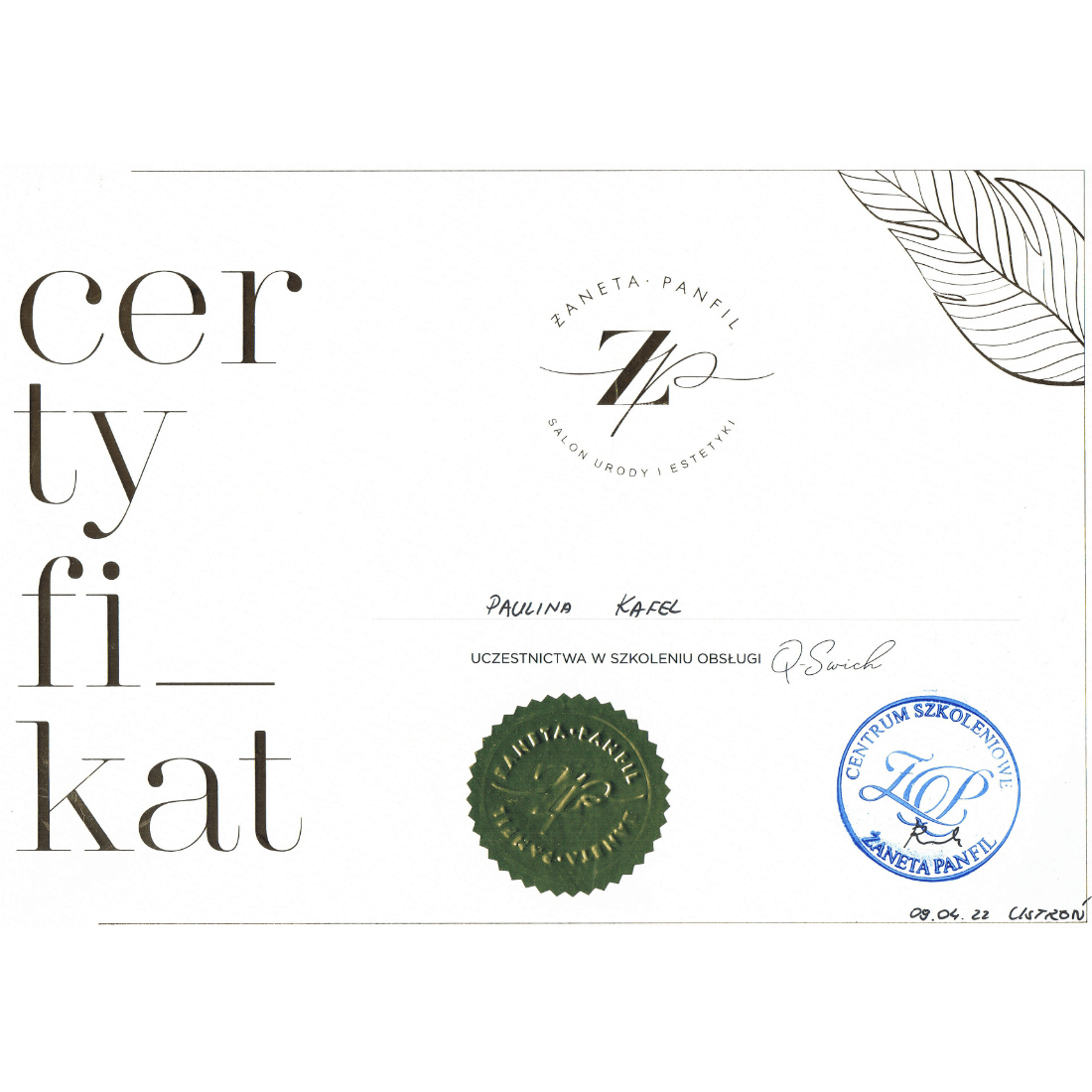 Certyfikat Kosmocare Paulina Kafel - 1