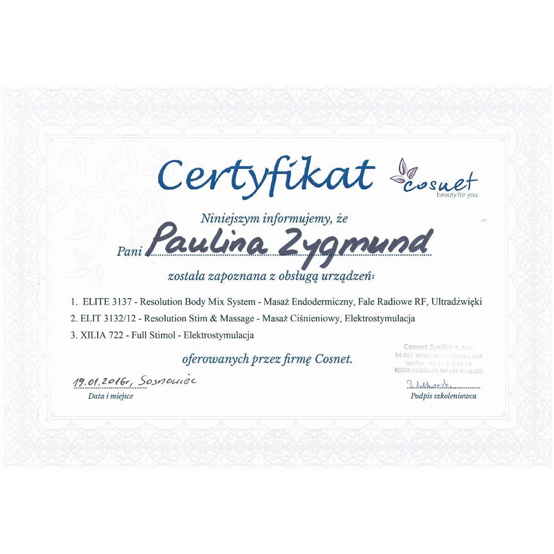 Certyfikat Kosmocare Paulina Kafel - 2