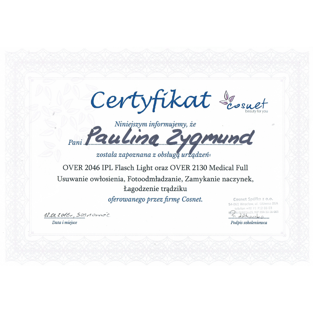 Certyfikat Kosmocare Paulina Kafel - 5